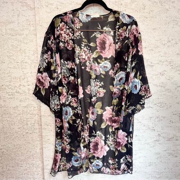 Sheer Floral Kimono Robe Sz M Made in USA Beach Cover-Up - Picture 11 of 15